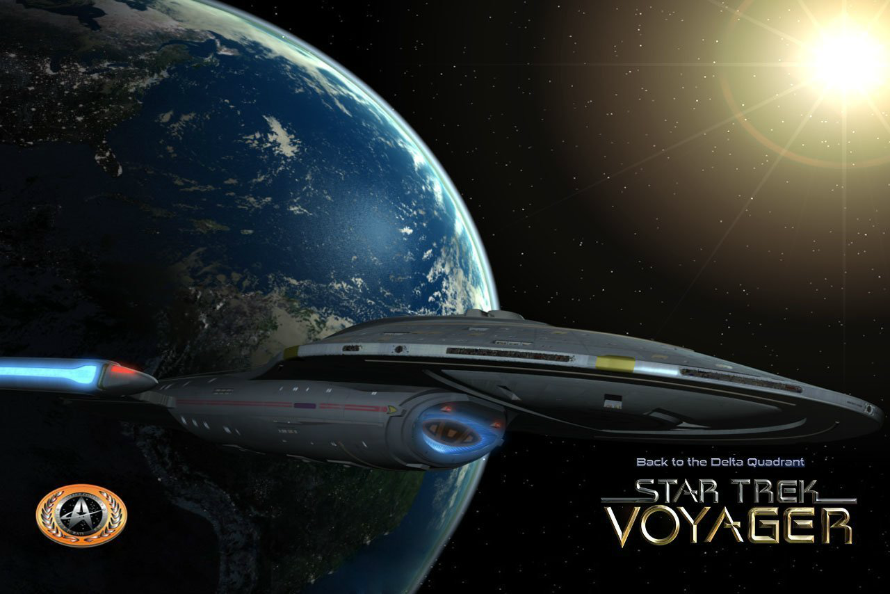 A view of Earth from space with the starship Voyager from the TV show Star Trek: Voyager approaching in orbit near the sun.