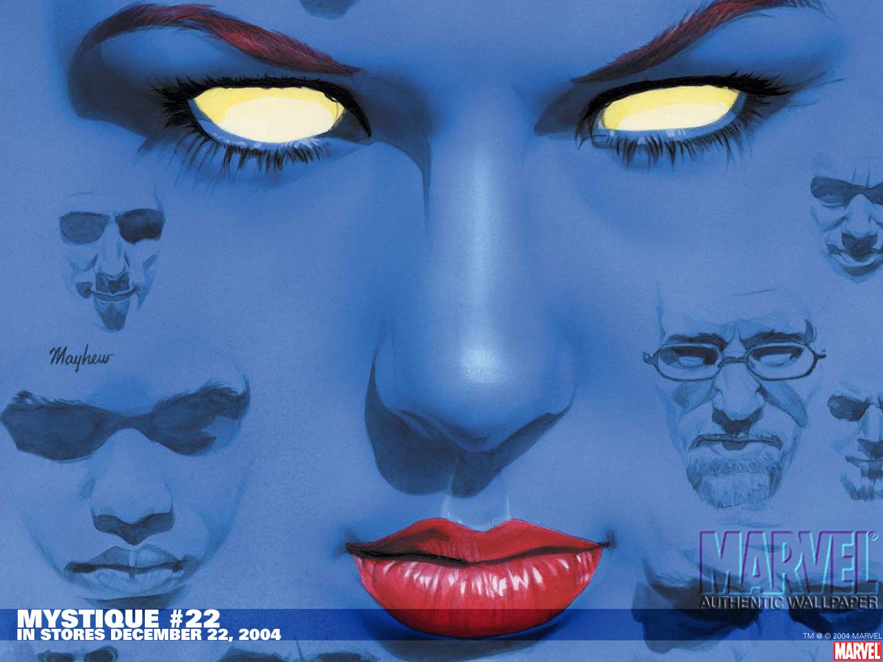 Close-up of Mystique (Marvel Comics) — blue-skinned X-Men mutant with glowing yellow eyes and red lips, surrounded by ghostly faces; comic book cover art.