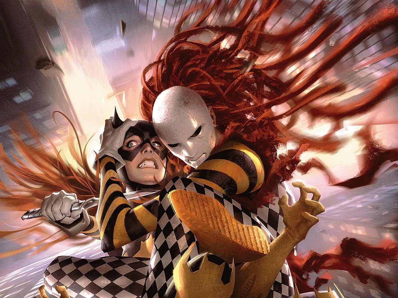A dynamic comic scene featuring Batgirl, wearing a black and yellow costume, grappling with a masked opponent against a backdrop of chaos and motion.