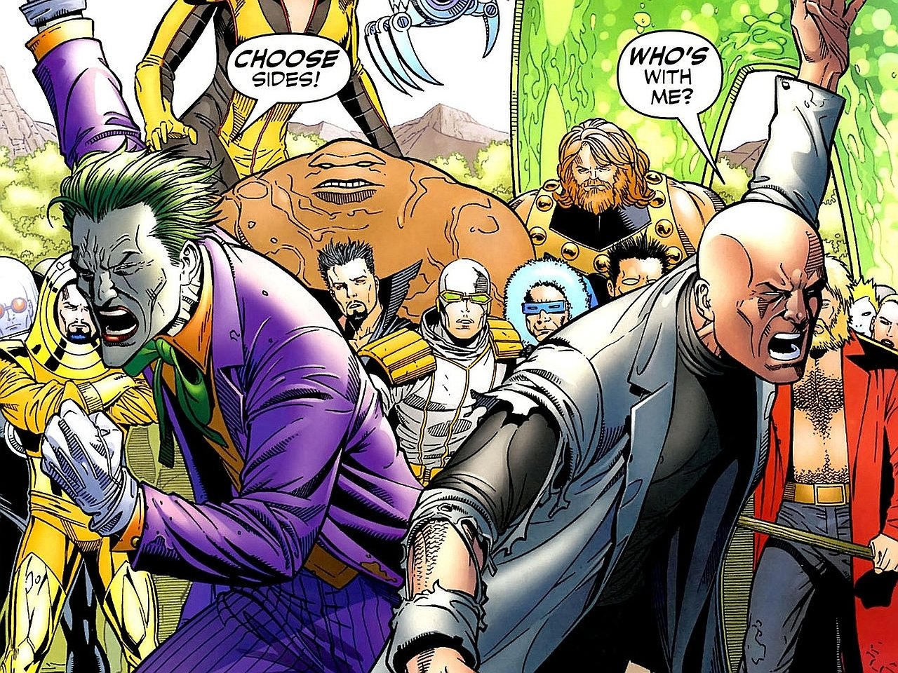 Comic panel from Salvation Run featuring the Joker urging others to choose sides, surrounded by various powerful and intense characters.