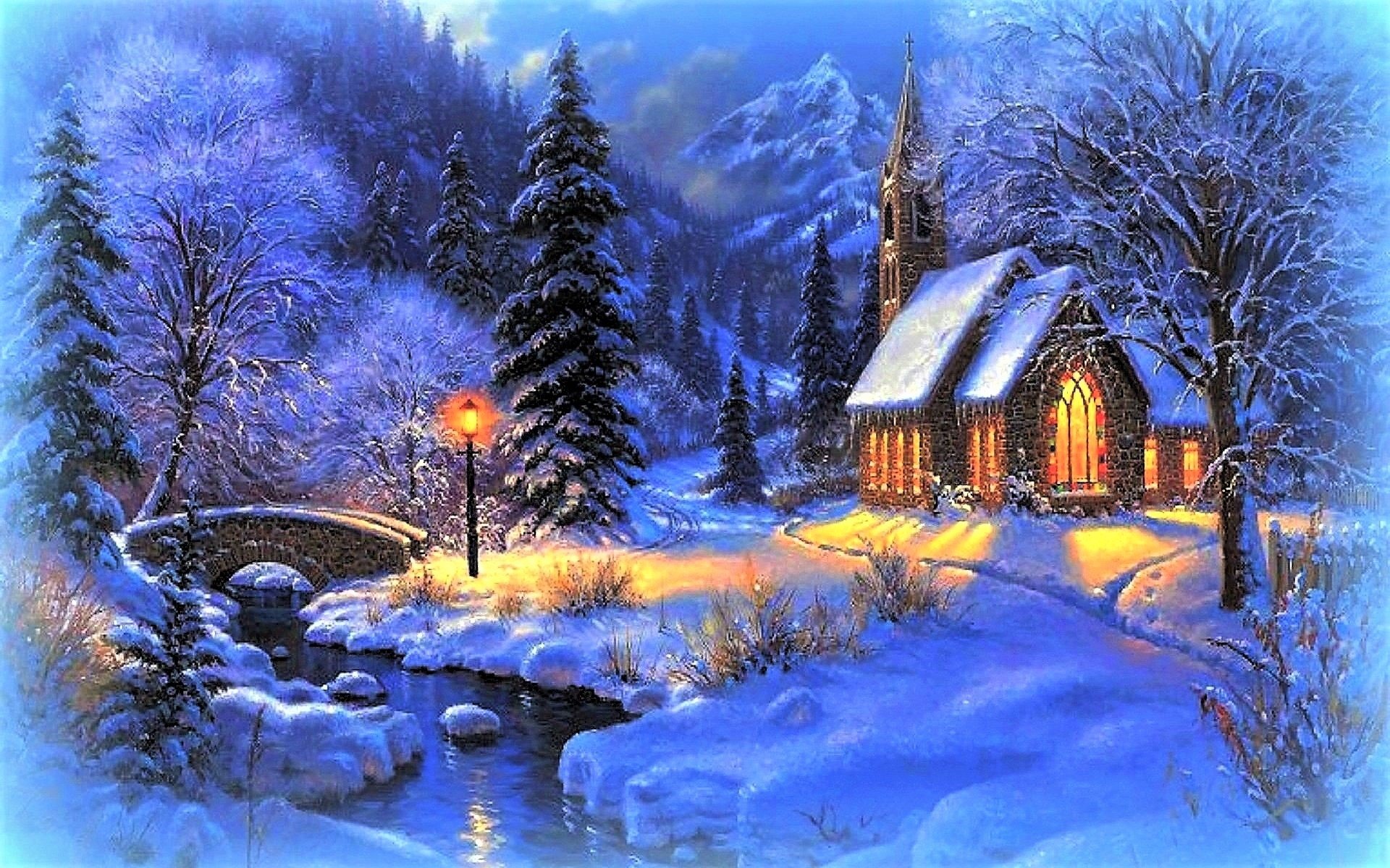 Download Bridge House Night Winter Landscape Artistic Painting Winter Night Image