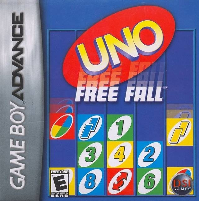Game Boy Advance cover for the video game UNO Free Fall, showing the UNO Free Fall logo above a falling grid of colorful numbered UNO tiles.