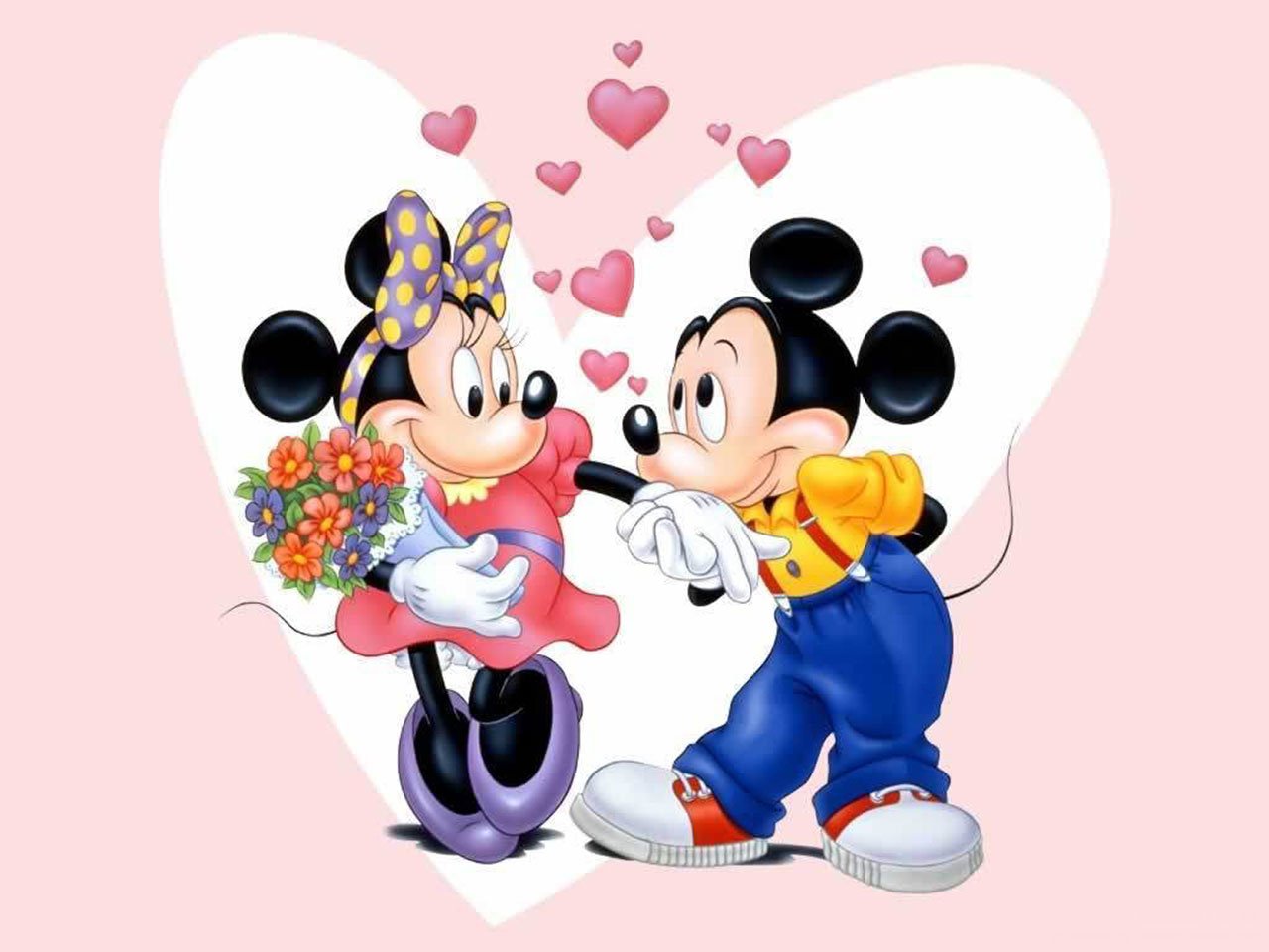 Minnie and Mickey Mouse share a romantic moment surrounded by hearts, showcasing their love in this delightful Disney scene.