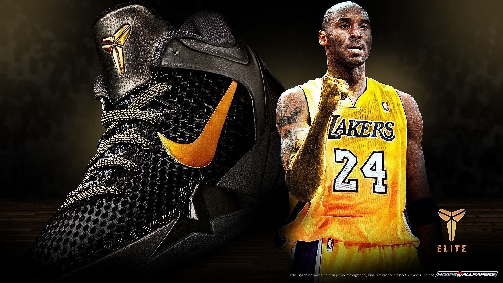 Kobe Bryant in his Los Angeles Lakers jersey stands next to a close-up of a black Nike basketball shoe featuring the Kobe Bryant logo and orange swoosh.