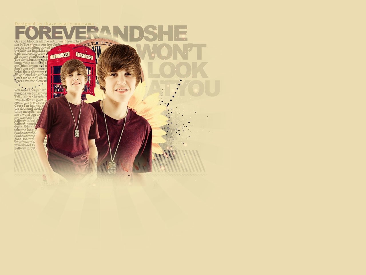 A stylized graphic featuring Justin Bieber with a cheerful expression, set against a backdrop of text and a red telephone booth, capturing the essence of his music.