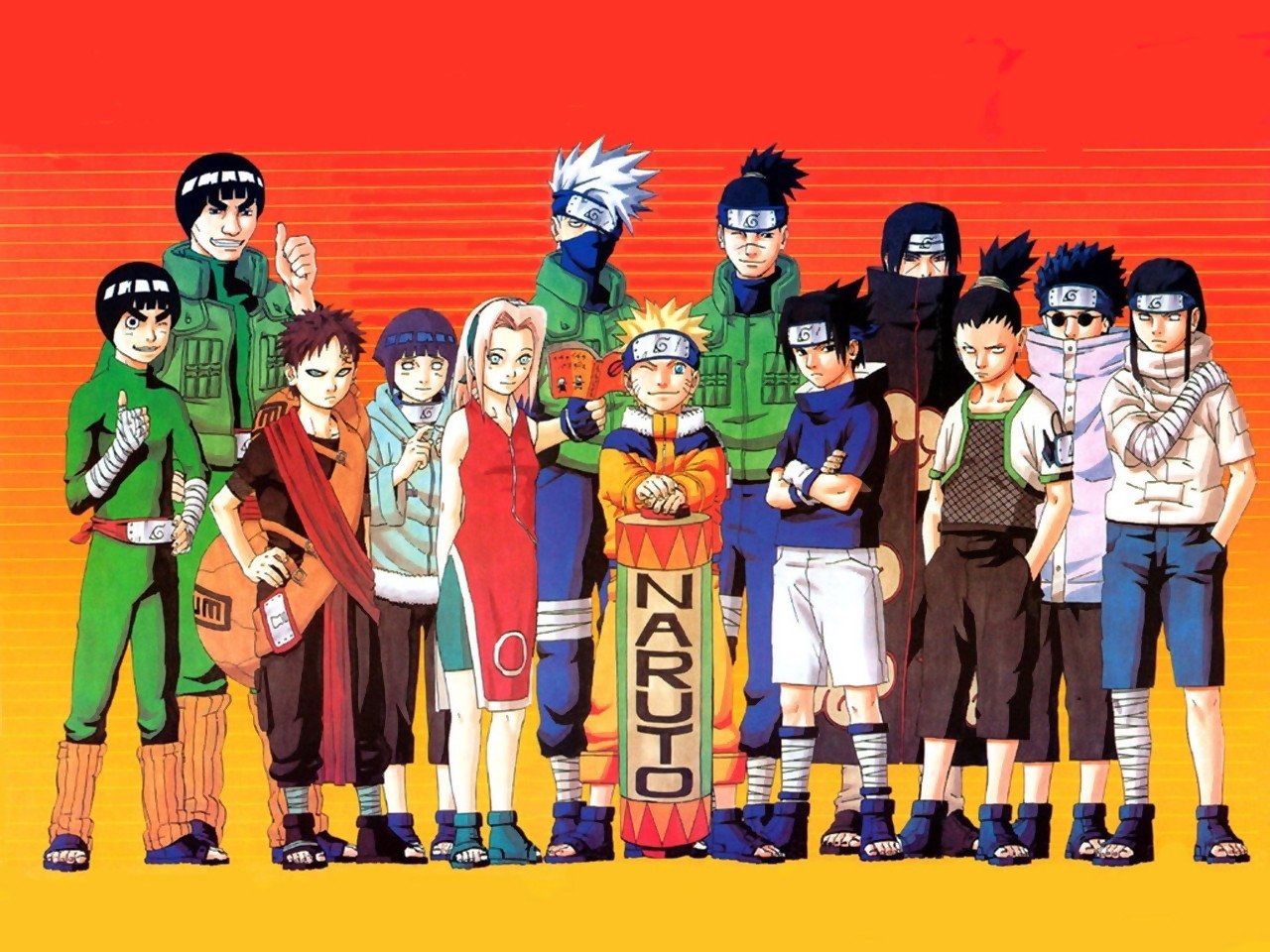 A vibrant gathering of iconic characters from the anime Naruto, featuring Rock Lee, Naruto Uzumaki, Gaara, Hinata Hyuga, Itachi Uchiha, Neji Hyūga, and Kakashi Hatake.
