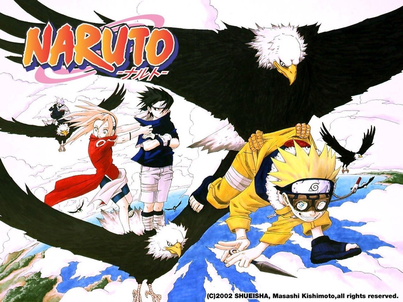 Kakashi Hatake, Naruto Uzumaki, Sakura Haruno, and Sasuke Uchiha soar through the skies on giant eagles in this vibrant Naruto anime illustration.