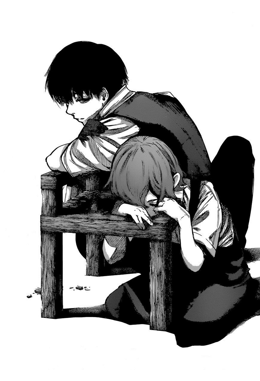 Monochrome Tokyo Ghoul anime: two sorrowful characters slumped over a wooden bench, one crying into her arms, the other staring downward in quiet despair.