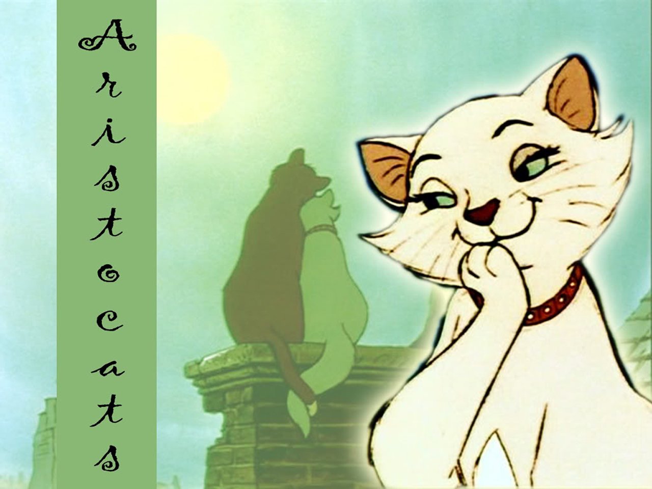 Scene from the movie The Aristocats featuring a white cat with a red collar looking thoughtfully, with two silhouetted cats sitting on a chimney in the background.