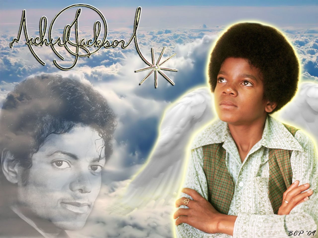 A montage featuring Michael Jackson, showcasing his iconic style with a dreamy cloud background and angelic elements, celebrating his influence in music.