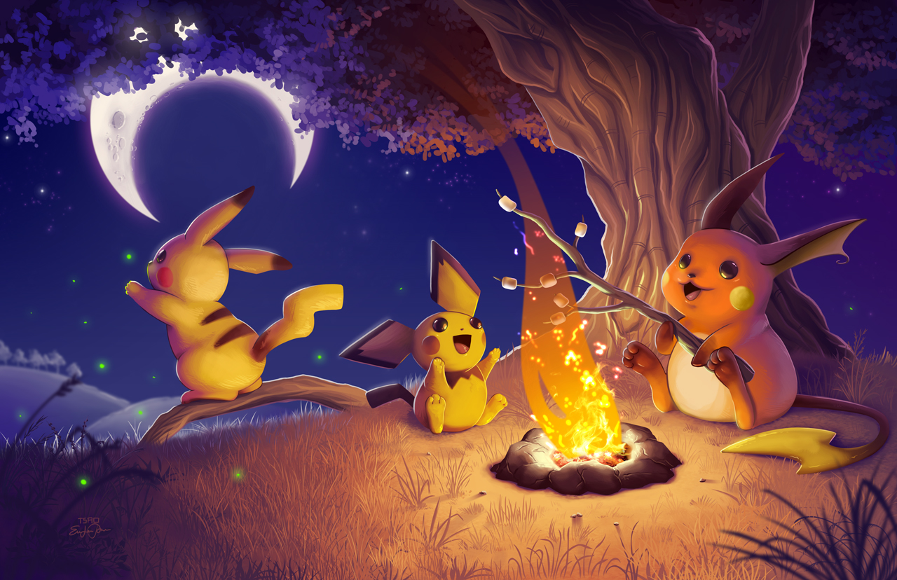Pichu, Pikachu, and Raichu around a campfire by Eric Proctor