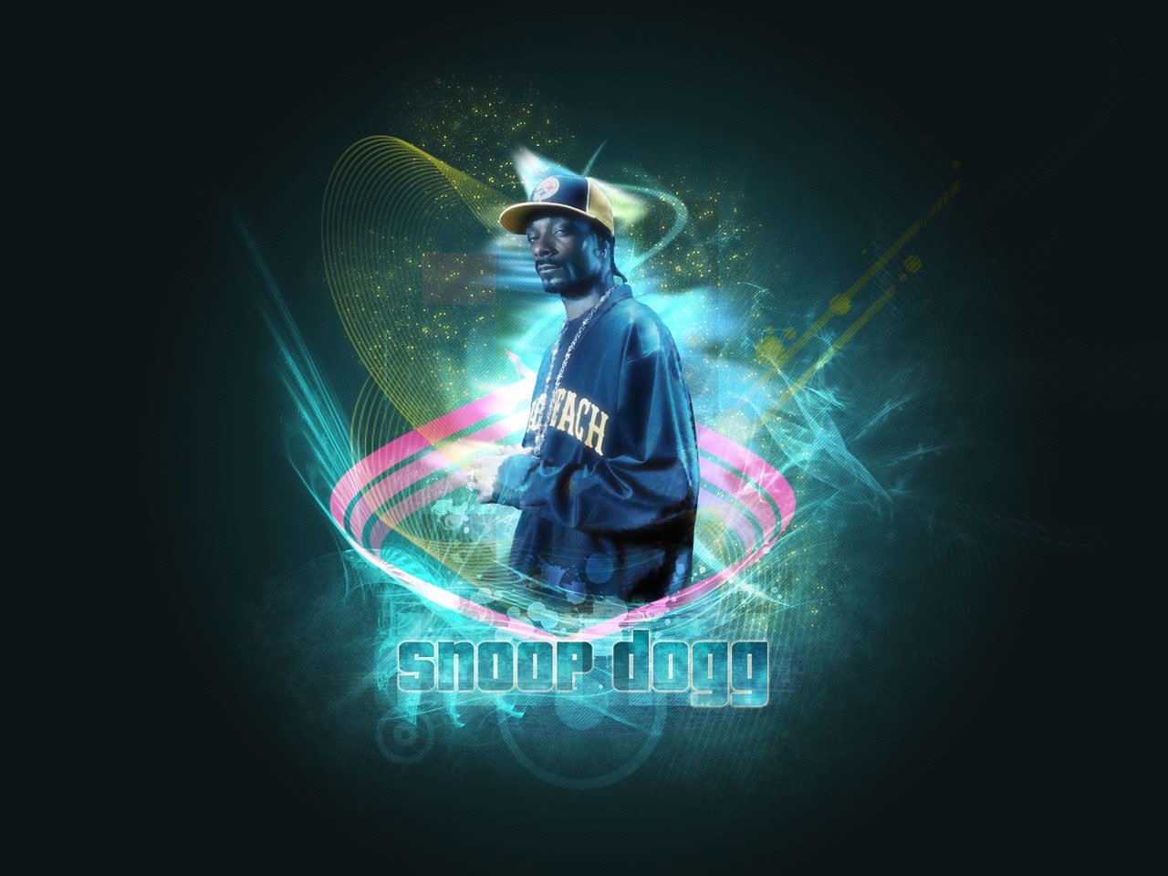 Digital artwork of Snoop Dogg surrounded by vibrant light trails, blending music and visual effects with the artist's name displayed below.