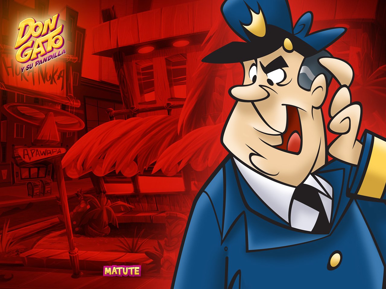 Policeman from the TV show Top Cat in a blue uniform, speaking into a radio against a stylized red city street backdrop with a Don Gato sign.
