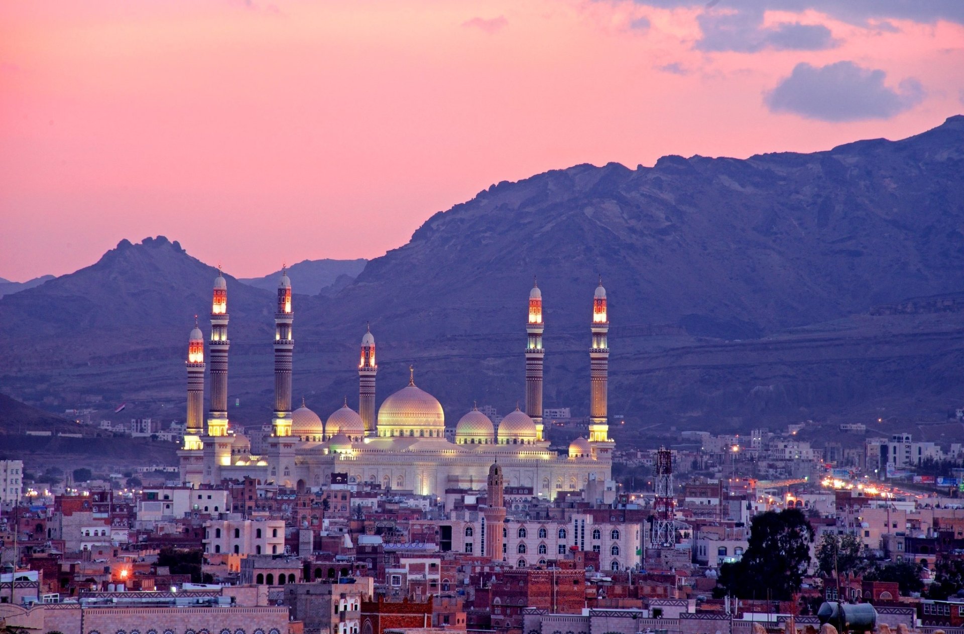 sunset Al Saleh Mosque Yemen man made Sana'a Image