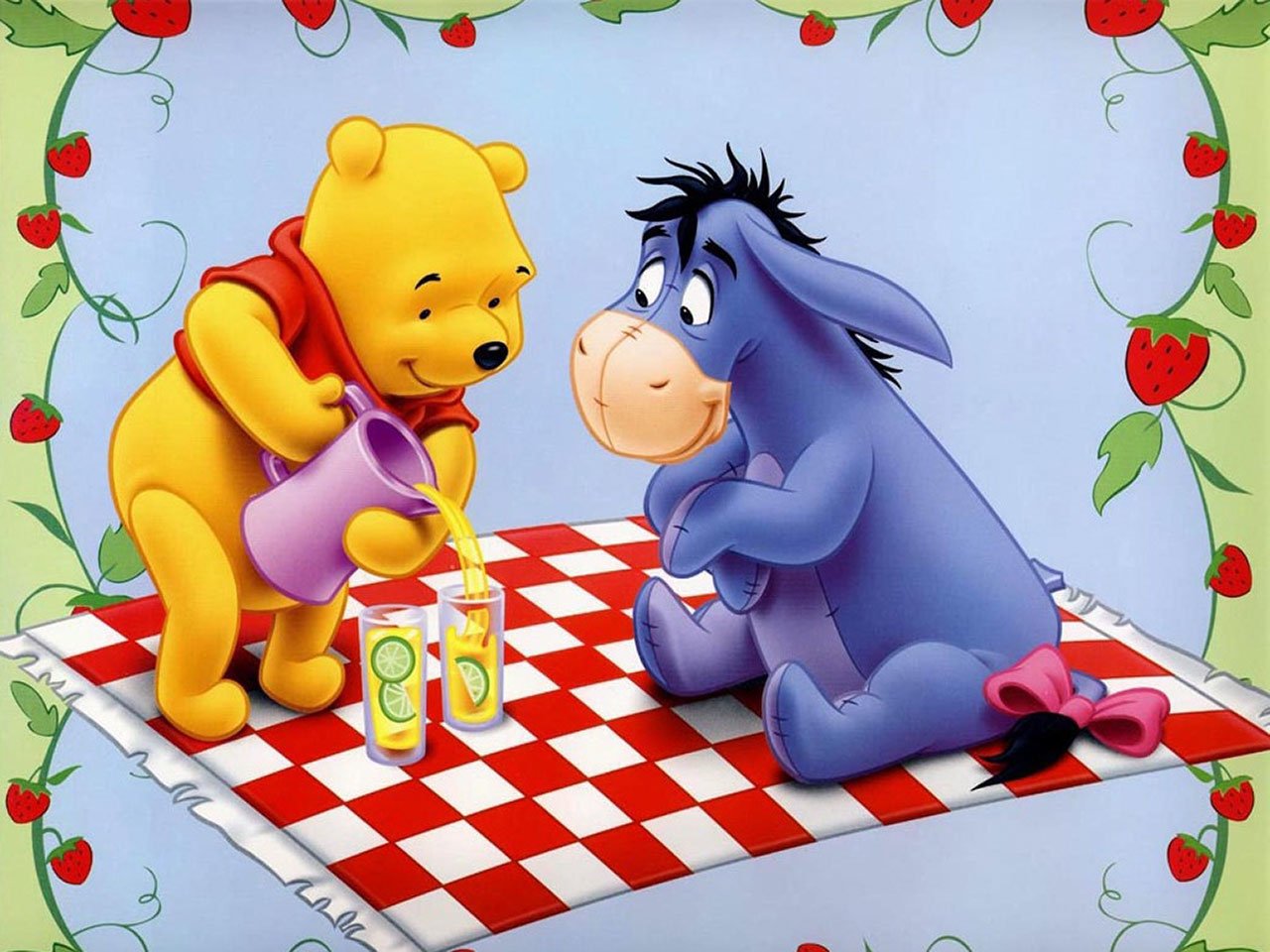 Winnie the Pooh happily pours a drink for Eeyore while they sit together on a picnic blanket, surrounded by a playful design featuring strawberries.
