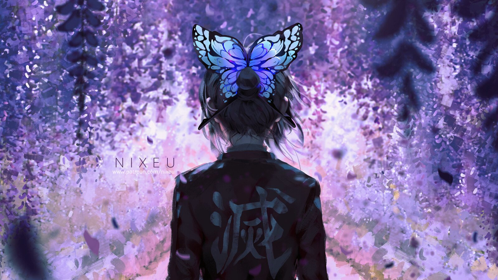 Shinobu Kochou from Demon Slayer: Kimetsu no Yaiba, viewed from behind beneath glowing purple wisteria, butterfly hair ornament and Demon Slayer jacket emblazoned with kanji.
