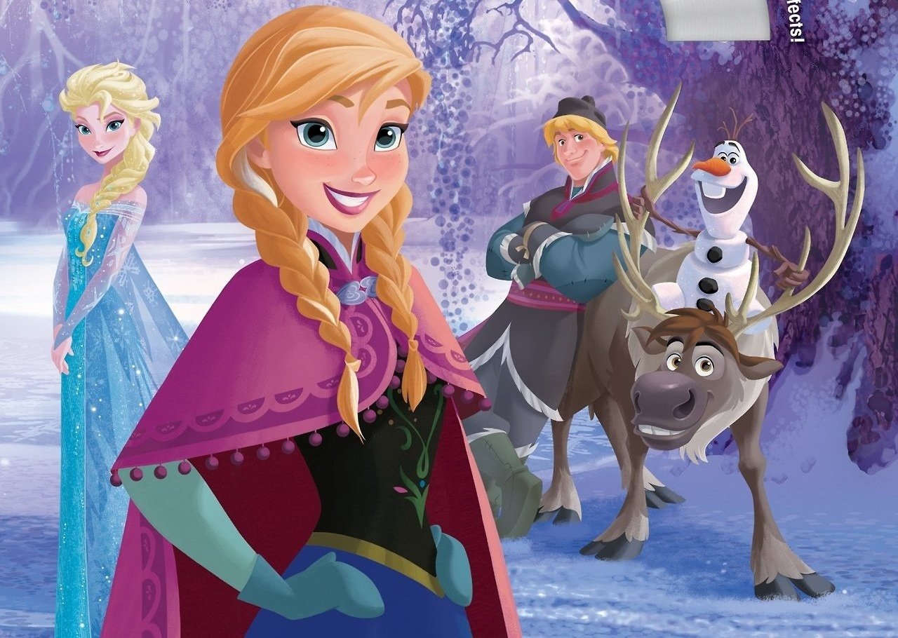 A colorful scene from Frozen features Anna smiling prominently, with Elsa, Kristoff, Olaf, and Sven in a snowy background, capturing the film's enchanting spirit.