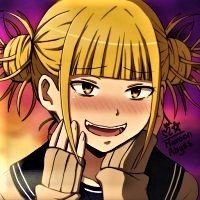 Anime-style blonde girl with twin buns and blunt bangs, flushed cheeks and a mischievous fang-baring grin, hands near her face, wearing a dark sailor collar against a purple-orange backdrop.