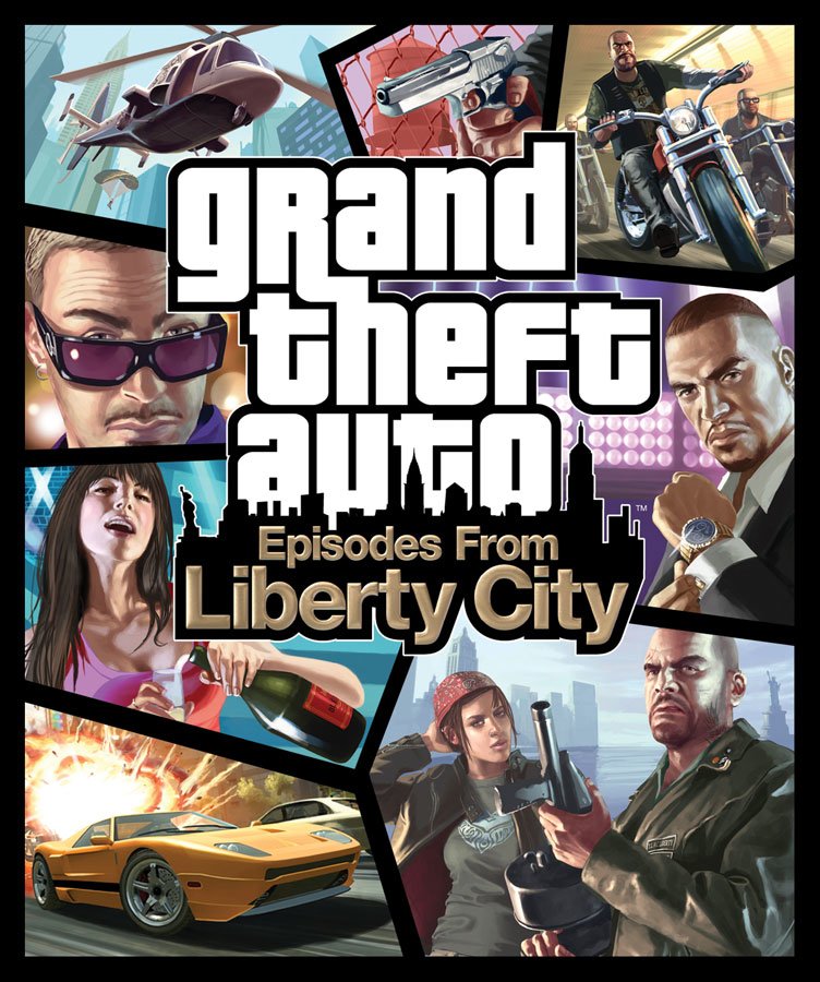 Cover collage for the video game Grand Theft Auto IV: Episodes From Liberty City, featuring characters, cars, a helicopter and skyline in a segmented panel layout.