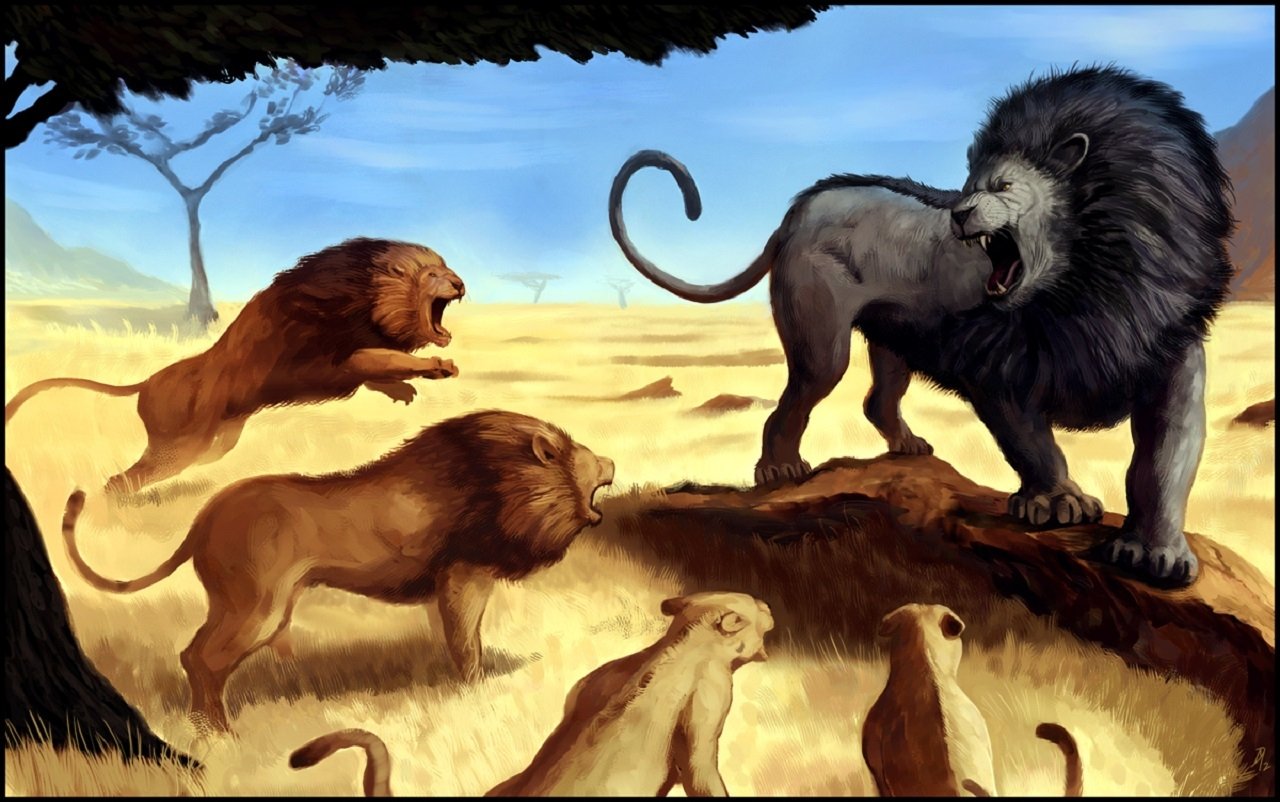 A fantasy scene depicting a black-maned lion roaring defiantly on a rock while two other lions approach, with three lionesses watching from below in a golden savannah.