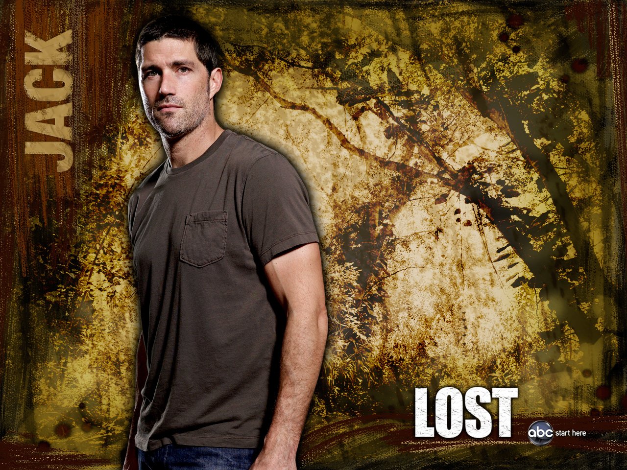 Promotional image of Jack, a main character from the TV show Lost, standing against a textured, forest-themed background.