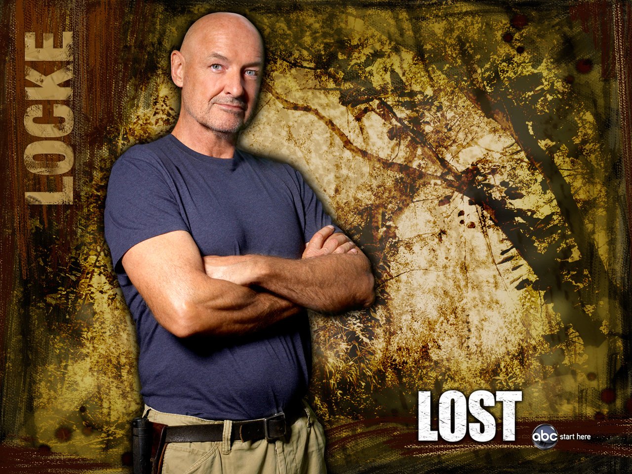 Promotional image of Locke, a character from the TV show Lost, standing with arms crossed against a textured, forest-themed background.