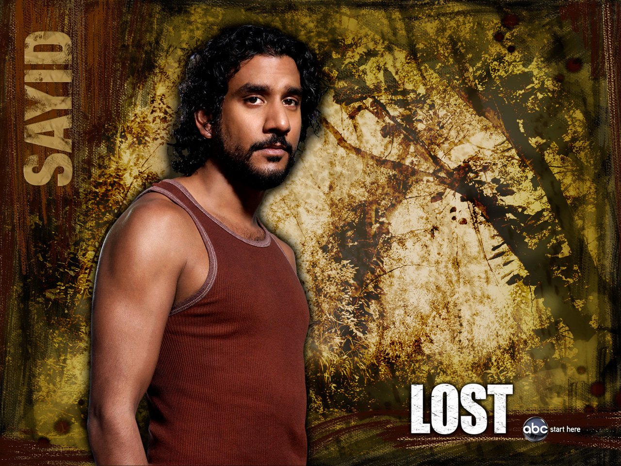 Portrait of Sayid, a character from the TV show Lost, standing against a textured, earthy-toned background with the show's logo visible.