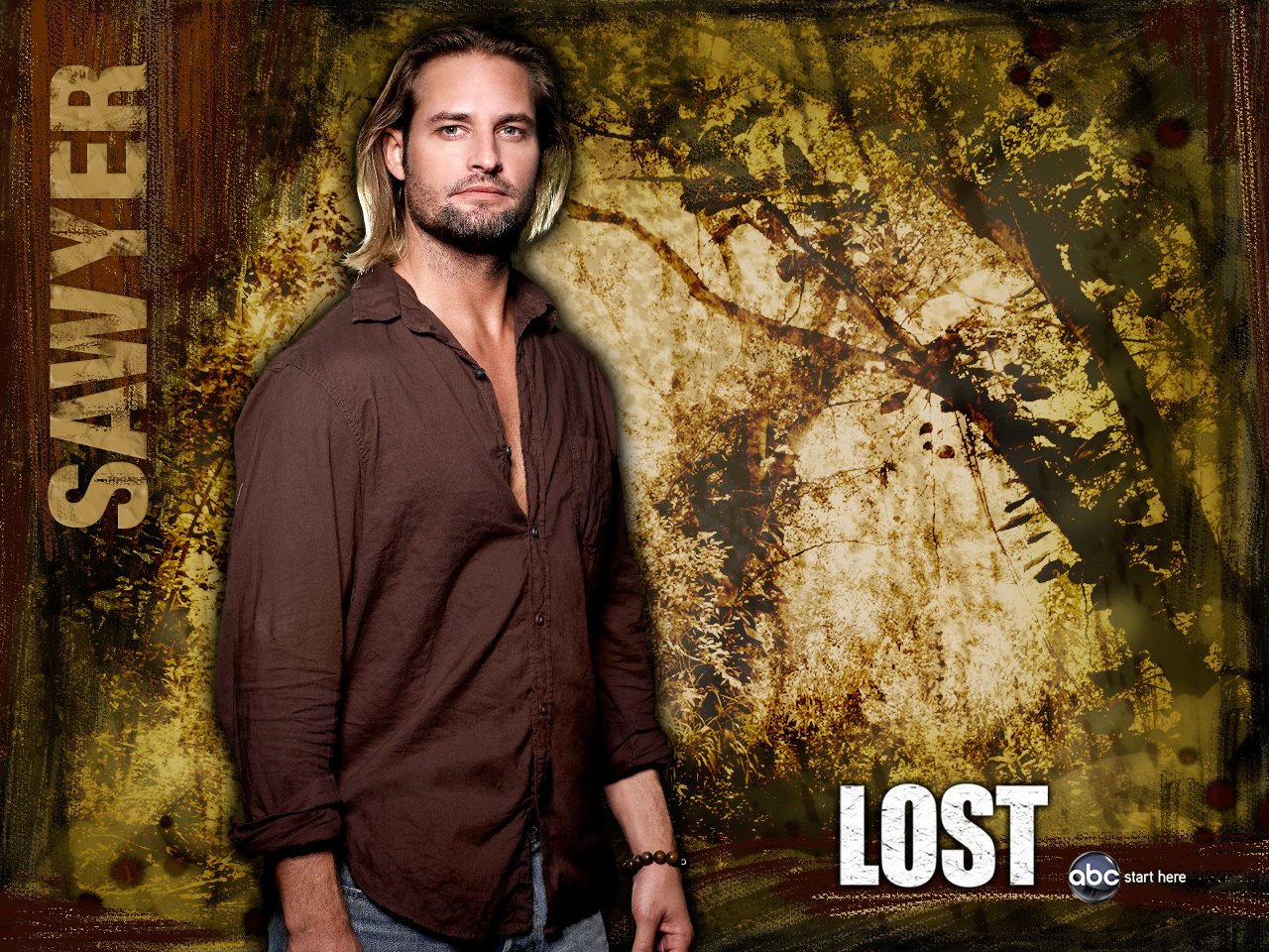 Promotional image of Sawyer, a character from the TV show Lost, standing against a textured, forest-like background with the show's logo.
