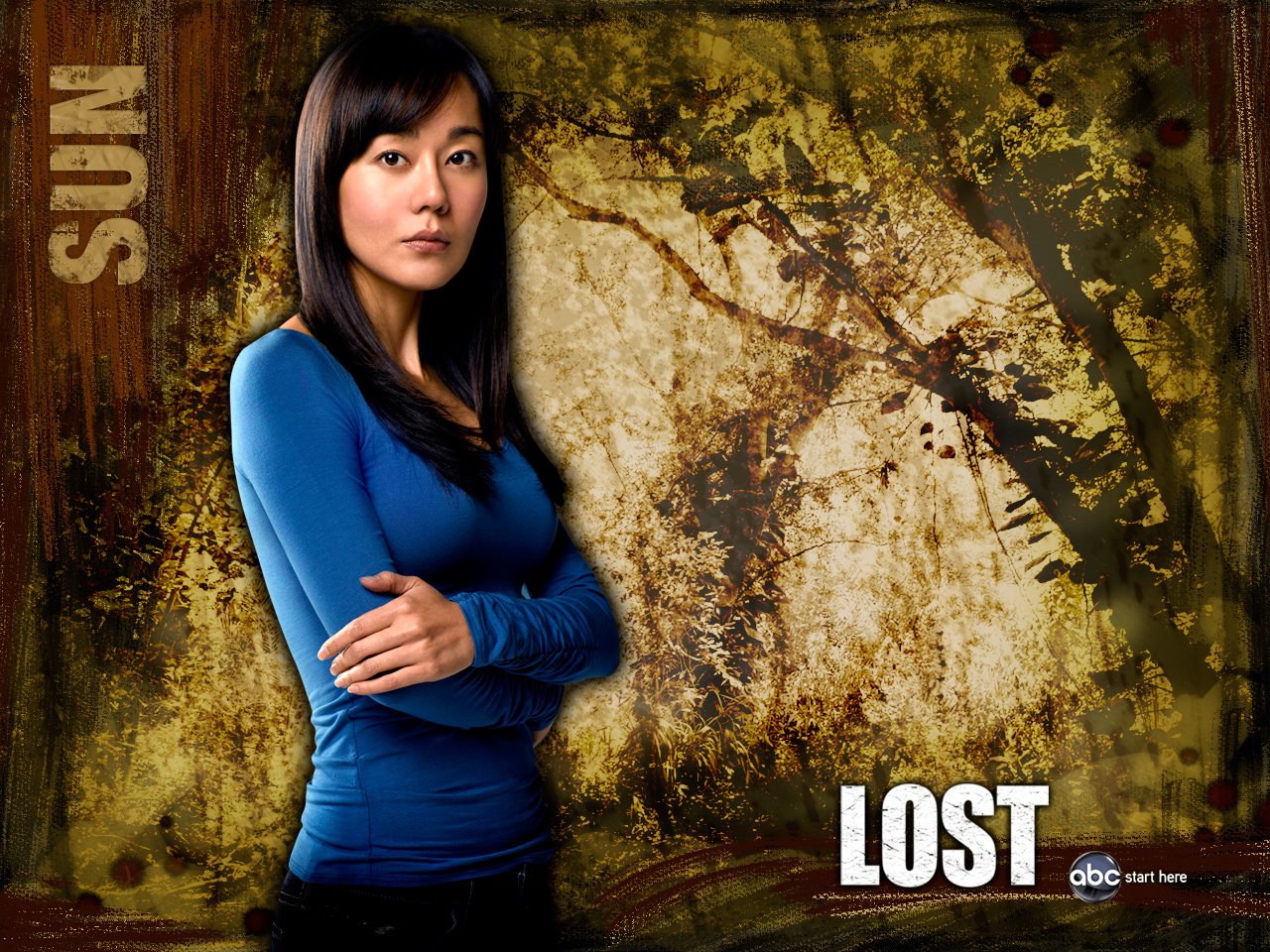 Promotional image of Sun, a character from the TV show Lost, standing with arms crossed against a textured, nature-inspired background.