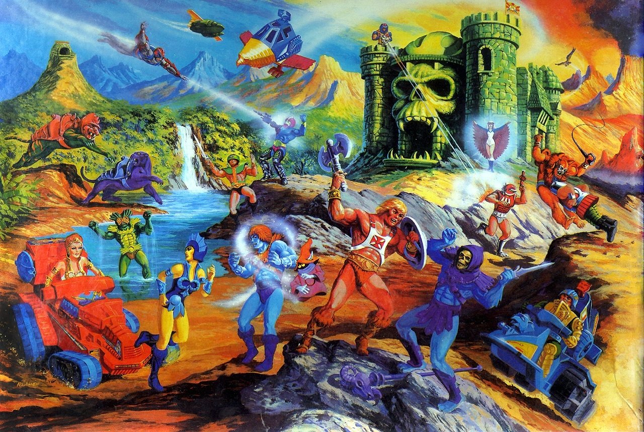 Vibrant comic-style illustration featuring characters and iconic castle from He-Man and the Masters of the Universe in a dynamic fantasy battle scene.