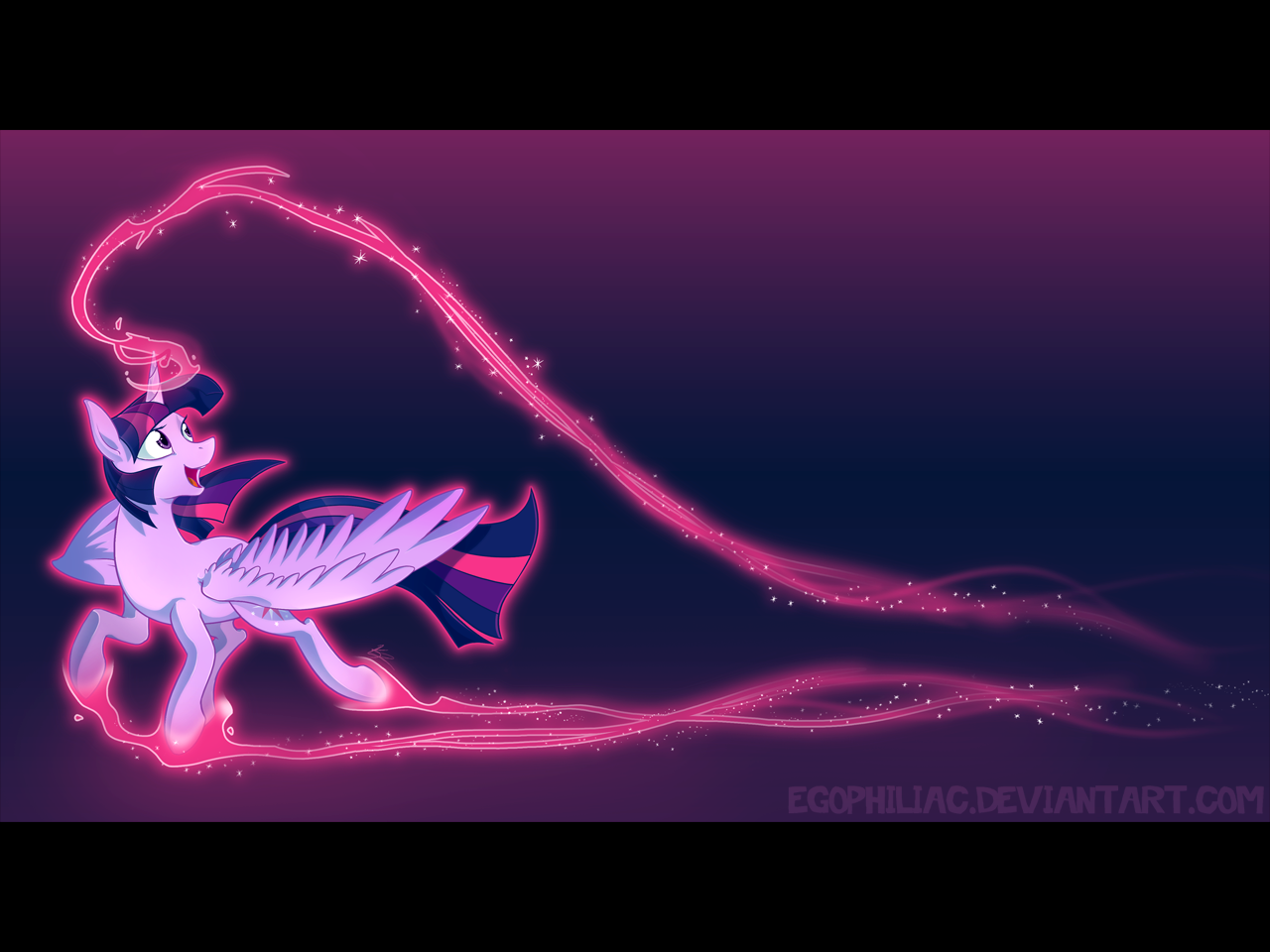Twilight Sparkle from My Little Pony: Friendship Is Magic uses glowing magic, with sparkles trailing from her horn against a dark gradient background.