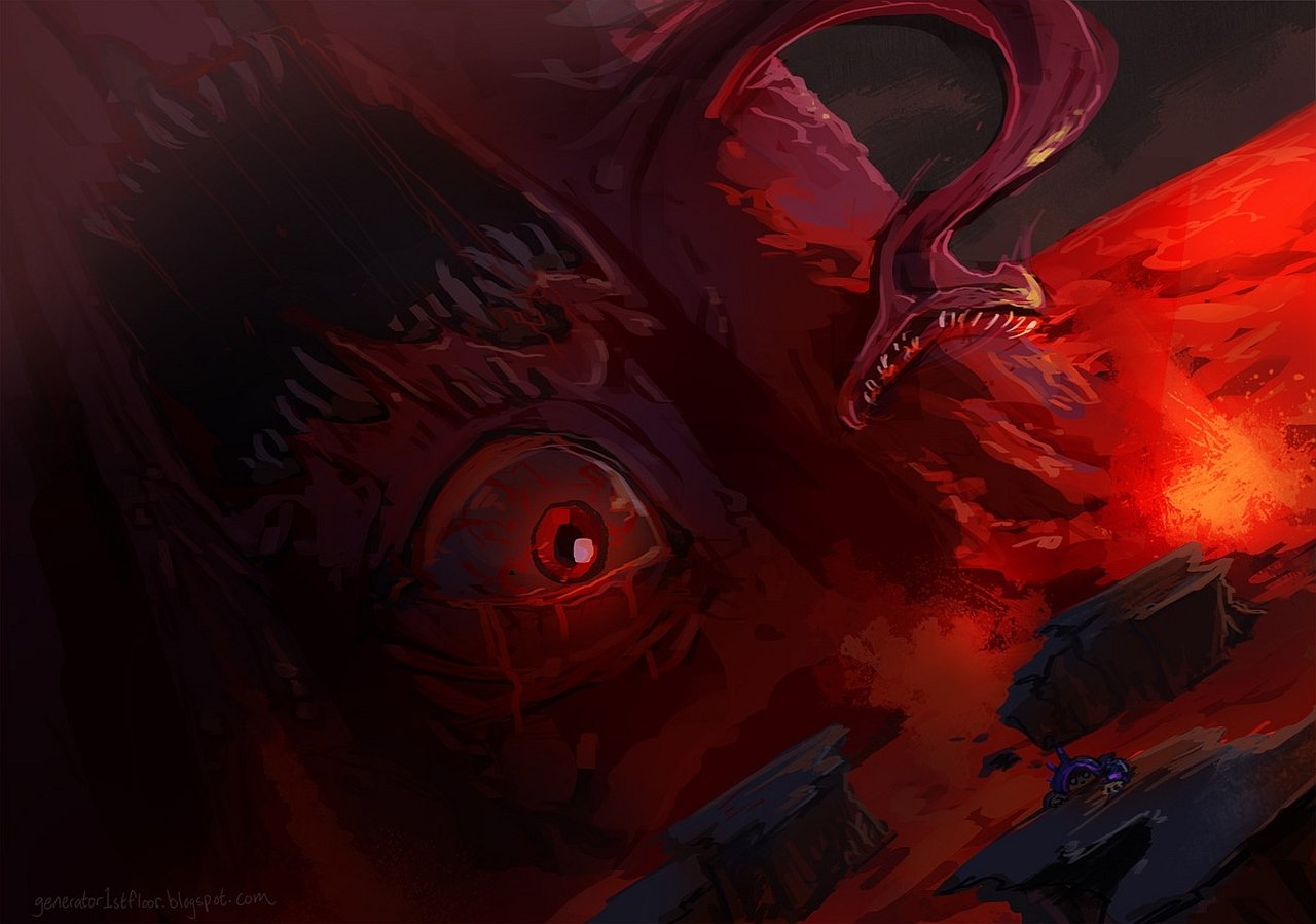 A dramatic scene from the video game Terraria, showcasing a monstrous creature with a fiery landscape, sharp teeth, and an intense gaze, creating a sense of danger and adventure.