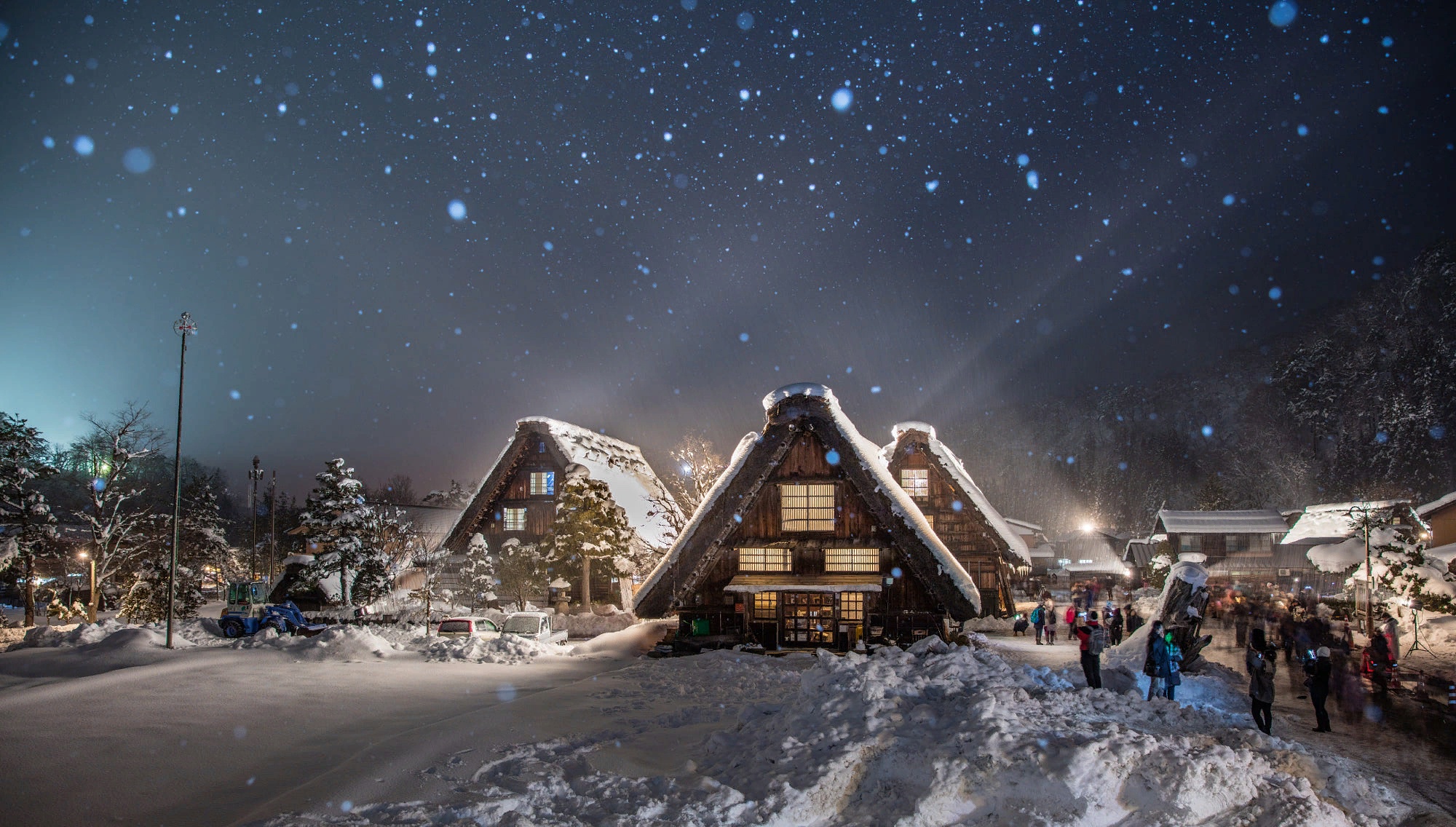 Snowy Winter Night over Japanese Village