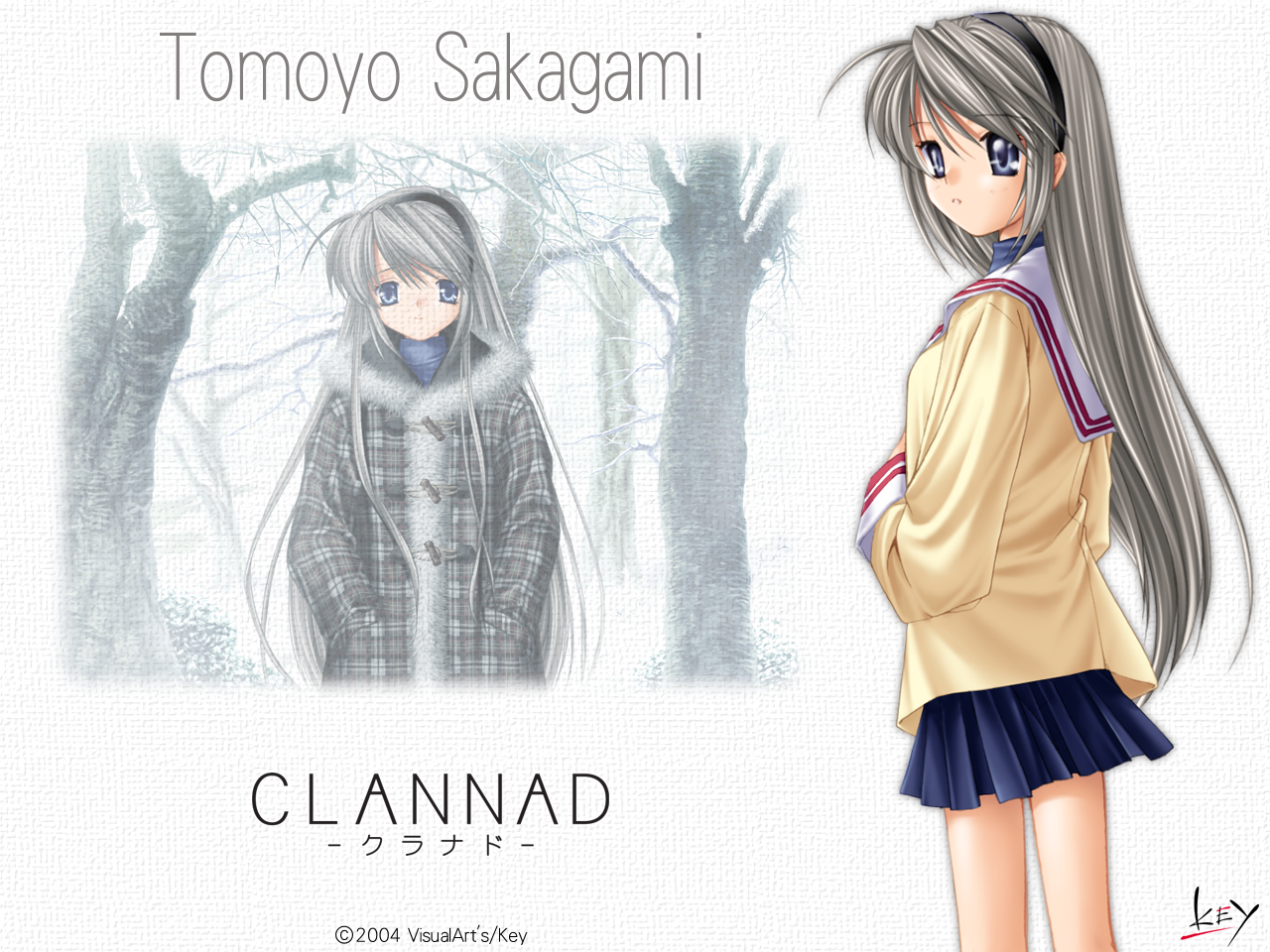 Tomoyo Sakagami from Clannad: silver-haired schoolgirl in a sailor uniform with arms crossed, plus an inset winter portrait of her in a coat among bare trees.