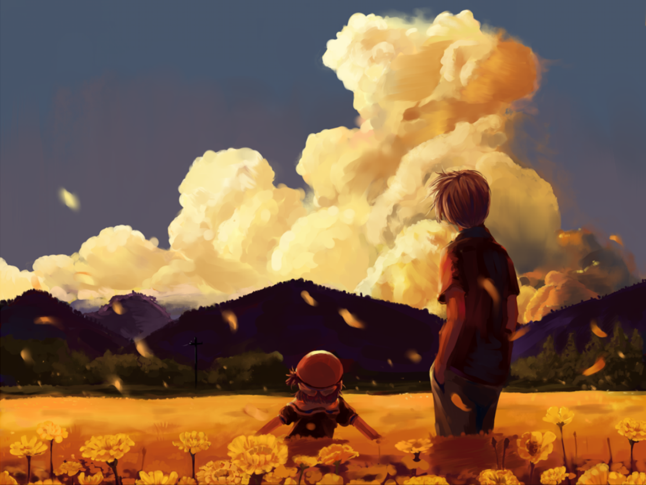 Tomoya Okazaki and Ushio Okazaki walk together through a field of flowers, under a dramatic sky, capturing a heartfelt moment from the anime Clannad.