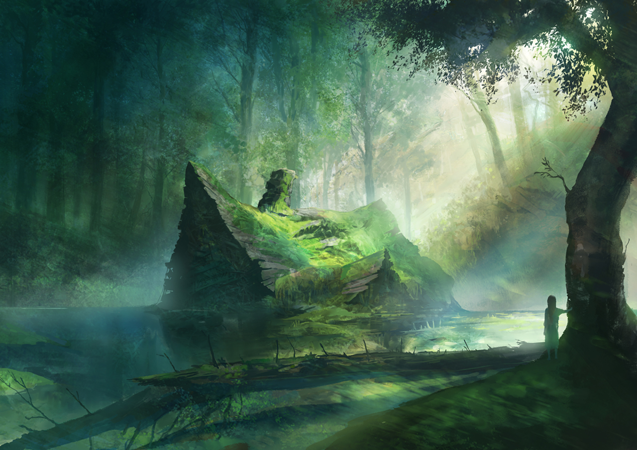 A serene anime-style depiction of a weathered wooden house nestled in a lush forest, surrounded by mist and sunlight filtering through the trees, creating an enchanting natural setting.