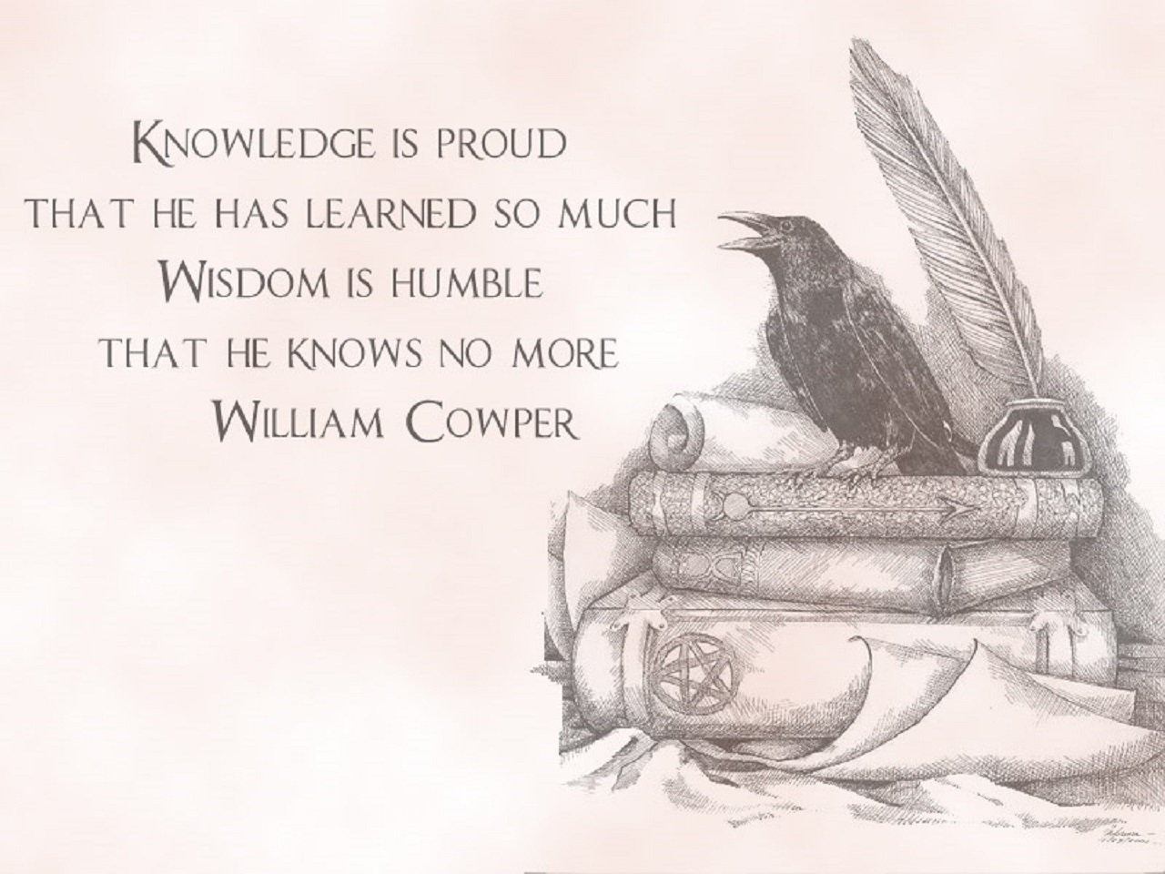 A detailed sketch of a raven perched on old books with a quill and inkwell nearby, alongside a William Cowper quote about knowledge and wisdom.
