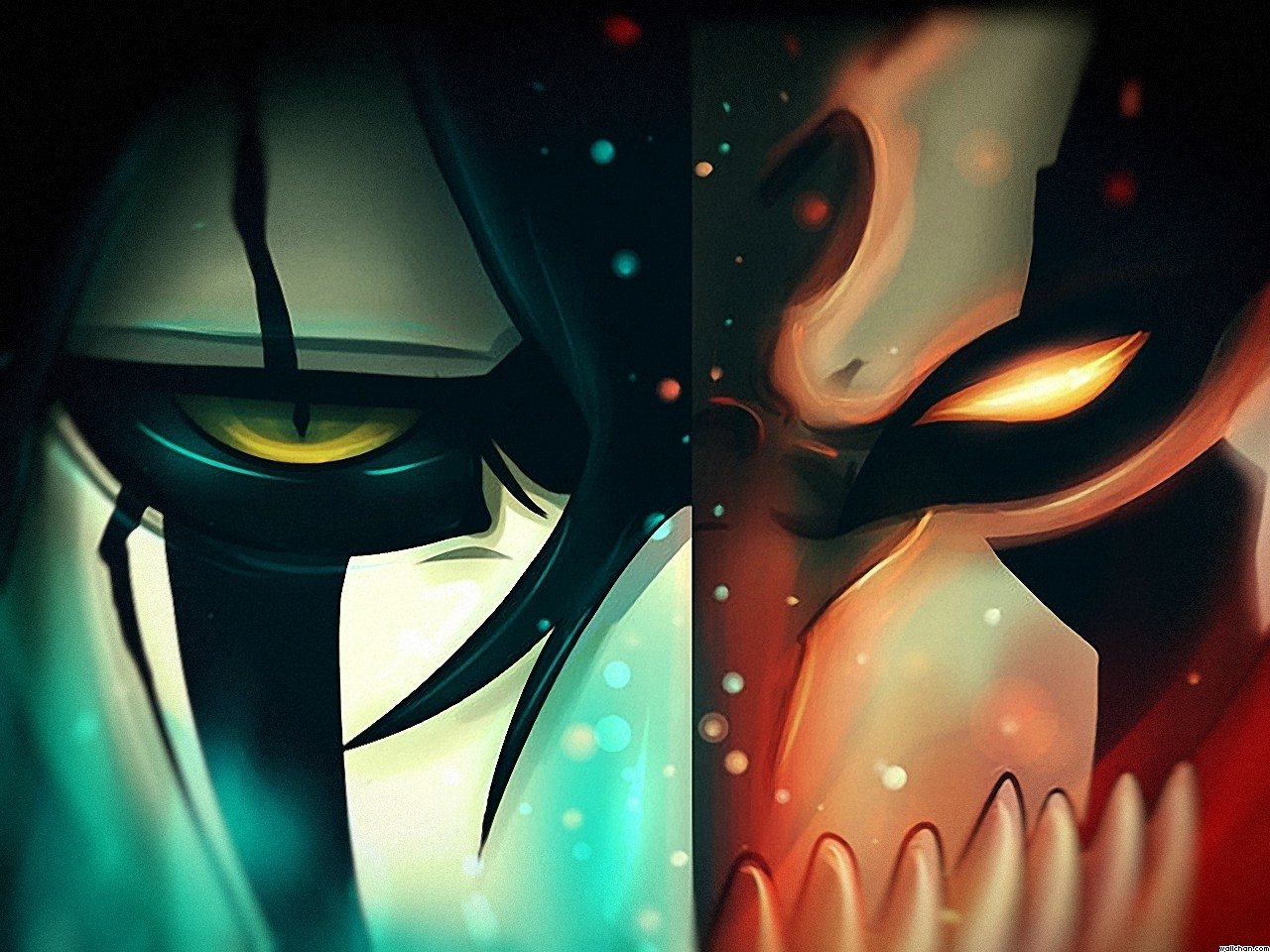 A striking anime illustration featuring Ulquiorra Cifer and Hollow Ichigo from Bleach, showcasing their intense expressions and contrasting styles.