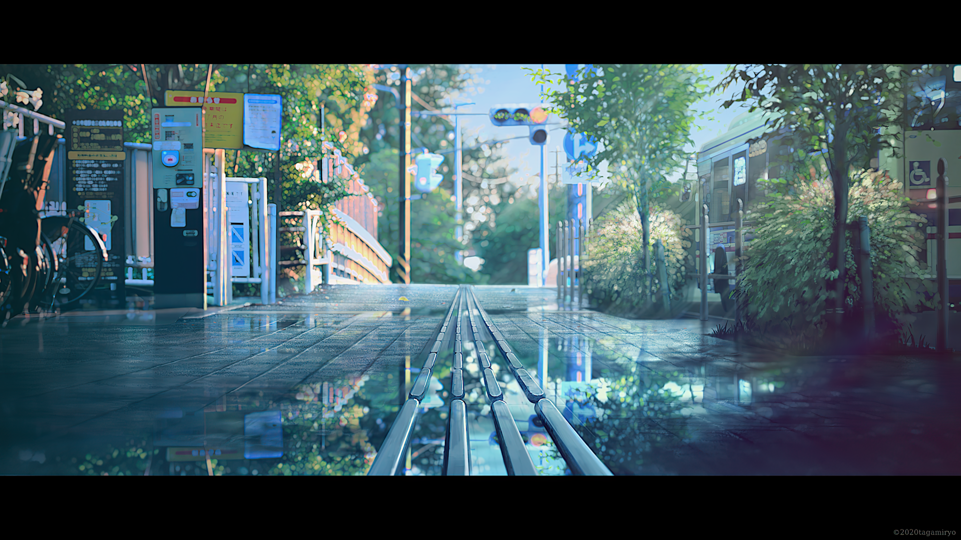 Anime-style summer street landscape featuring a sunlit, tree-lined pathway with reflective wet pavement and urban elements in a vibrant, serene setting.