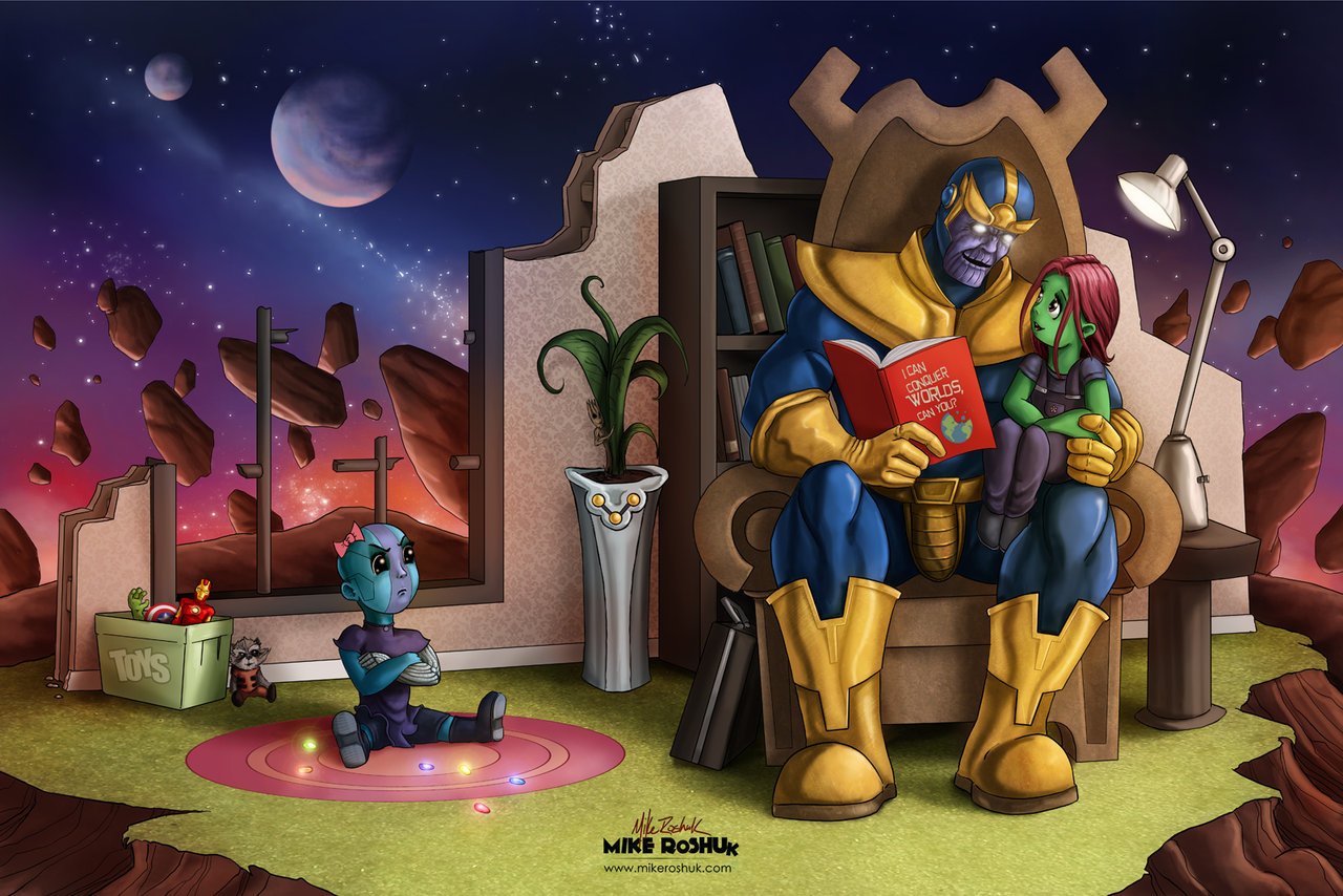 Thanos reads a book to Gamora while Nebula plays nearby, set against a colorful cosmic backdrop, capturing a tender moment from the Guardians of the Galaxy universe.