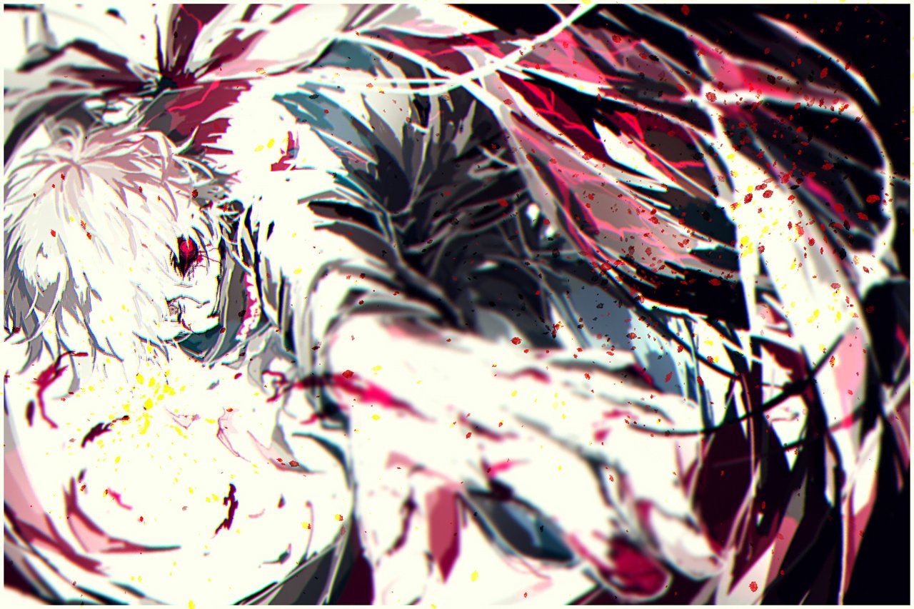 A dynamic illustration of Ken Kaneki from *Tokyo Ghoul*, featuring a dramatic pose with intense colors and swirling patterns, capturing the essence of the anime's dark themes.