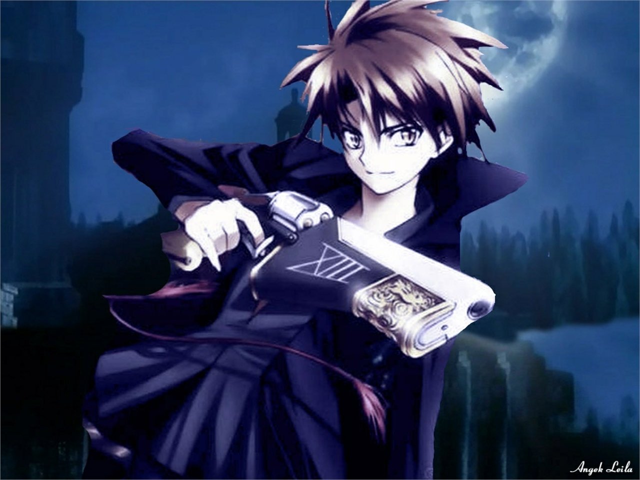 A character from the anime Black Cat stands confidently in dark clothing, holding a unique gun, with a moonlit background enhancing the dramatic atmosphere.