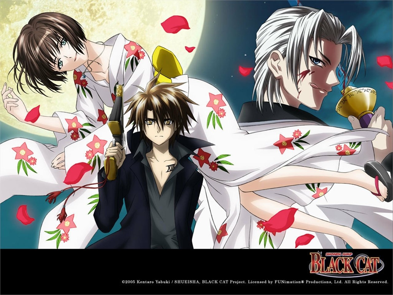 Black Cat (anime) artwork: three characters — a dark-haired gunslinger at center with two companions, kimono-like cloak, falling red petals and a moonlit backdrop.
