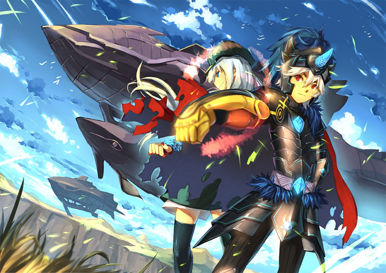 A fantasy warrior mage stands confidently under a bright blue sky filled with clouds, wielding a large, ornate weapon with futuristic and mystical elements.