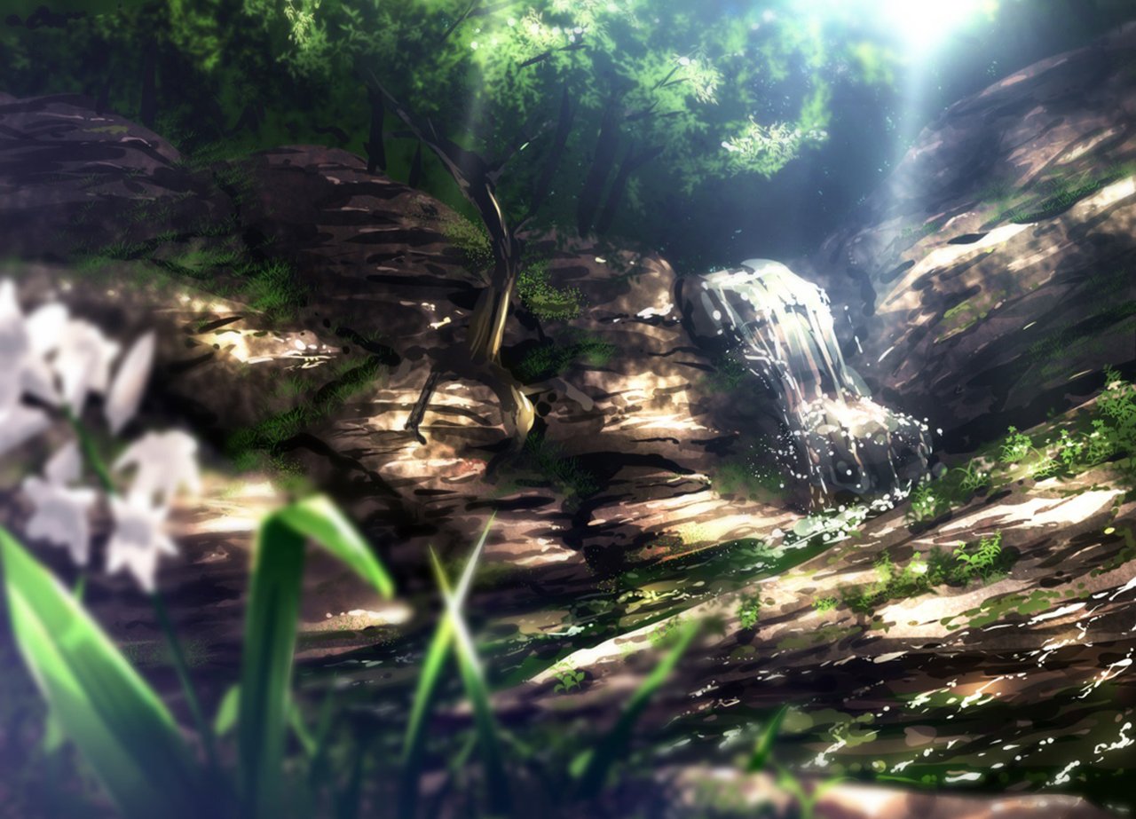 A serene anime landscape featuring a waterfall cascading over rocks, surrounded by lush greenery and delicate flowers, illuminated by soft sunlight.
