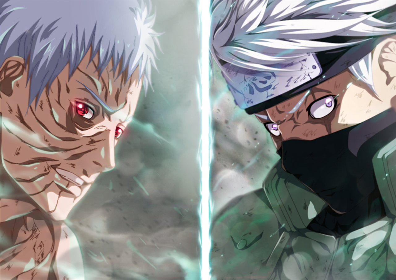 A dramatic anime scene from Naruto featuring Kakashi Hatake on the right and a battle-worn Obito Uchiha on the left, set against a charged atmospheric backdrop.