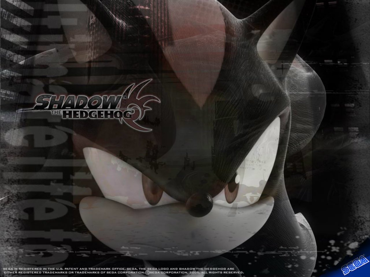 A close-up of Shadow the Hedgehog from the video game Shadow the Hedgehog, showcasing his intense expression against a dynamic, layered background.