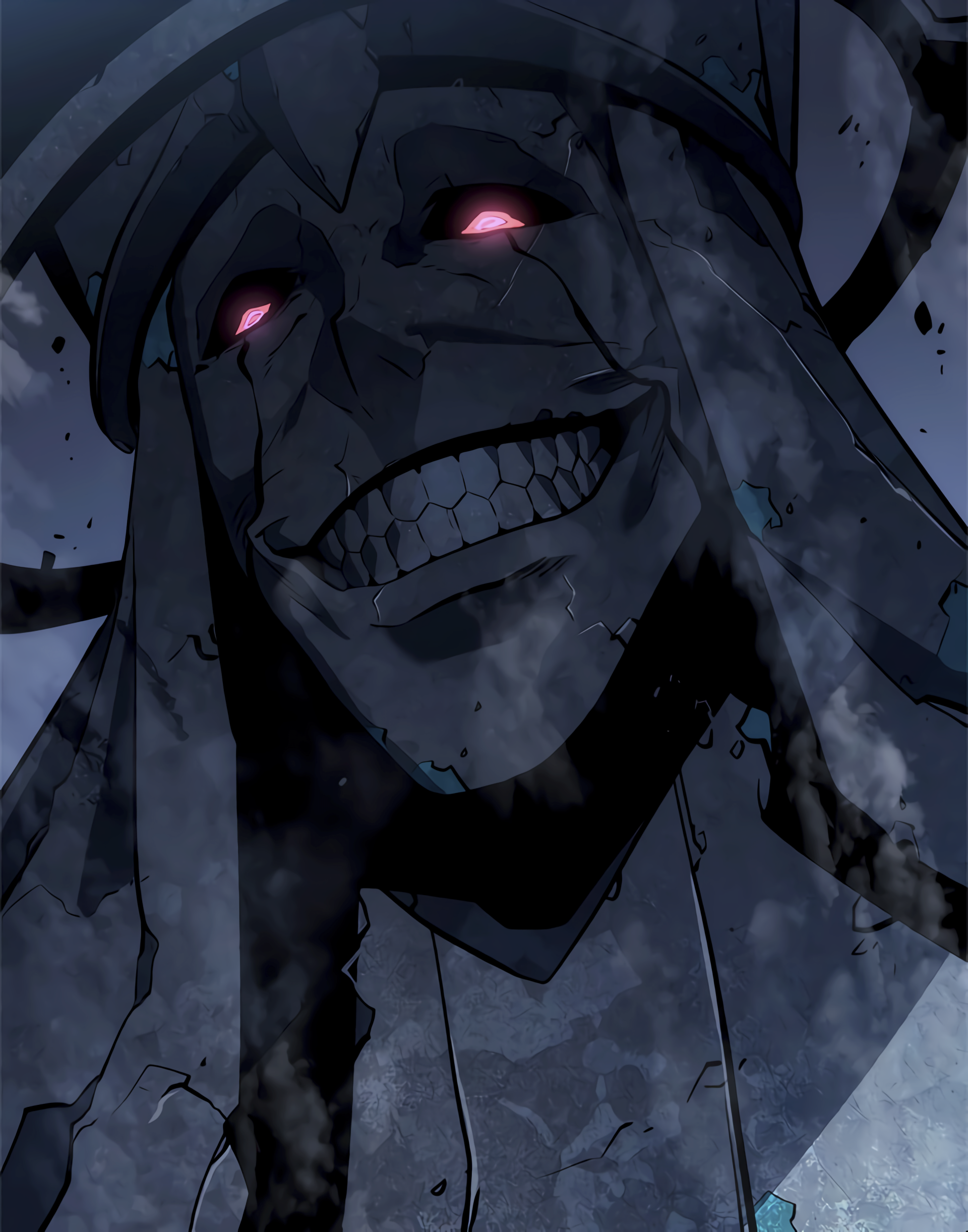Dark statue of a God from the anime Solo Leveling with glowing red eyes and a sinister grin, surrounded by swirling smoke and shadows.