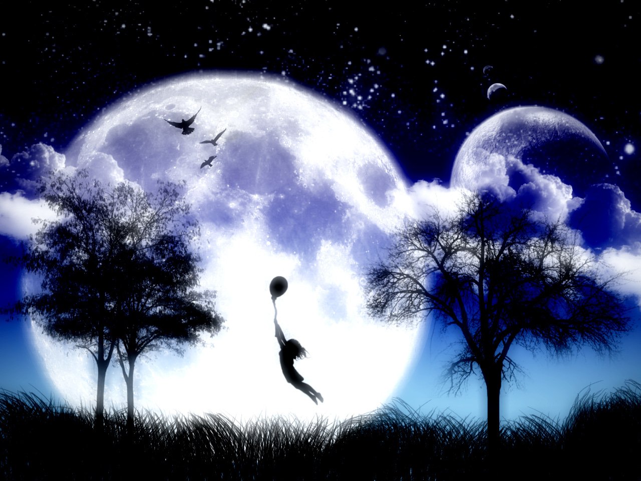 A whimsical scene of a child holding a balloon against a dreamy night sky, illuminated by a large moon and surrounded by silhouettes of trees, evoking a magical connection to nature.