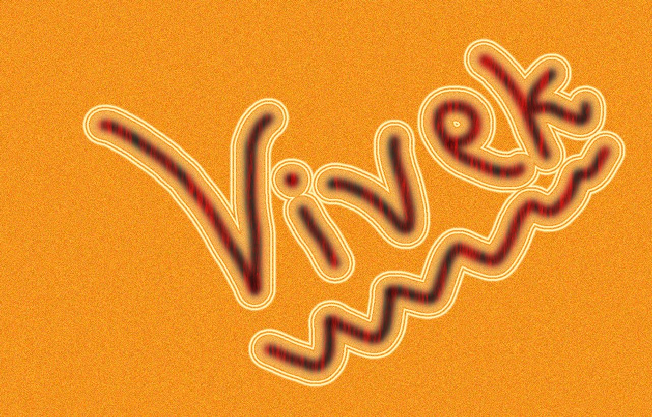 An artistic representation featuring the name Vivek in vibrant, wavy lettering against a warm orange background. The design combines bold colors and fluid shapes.